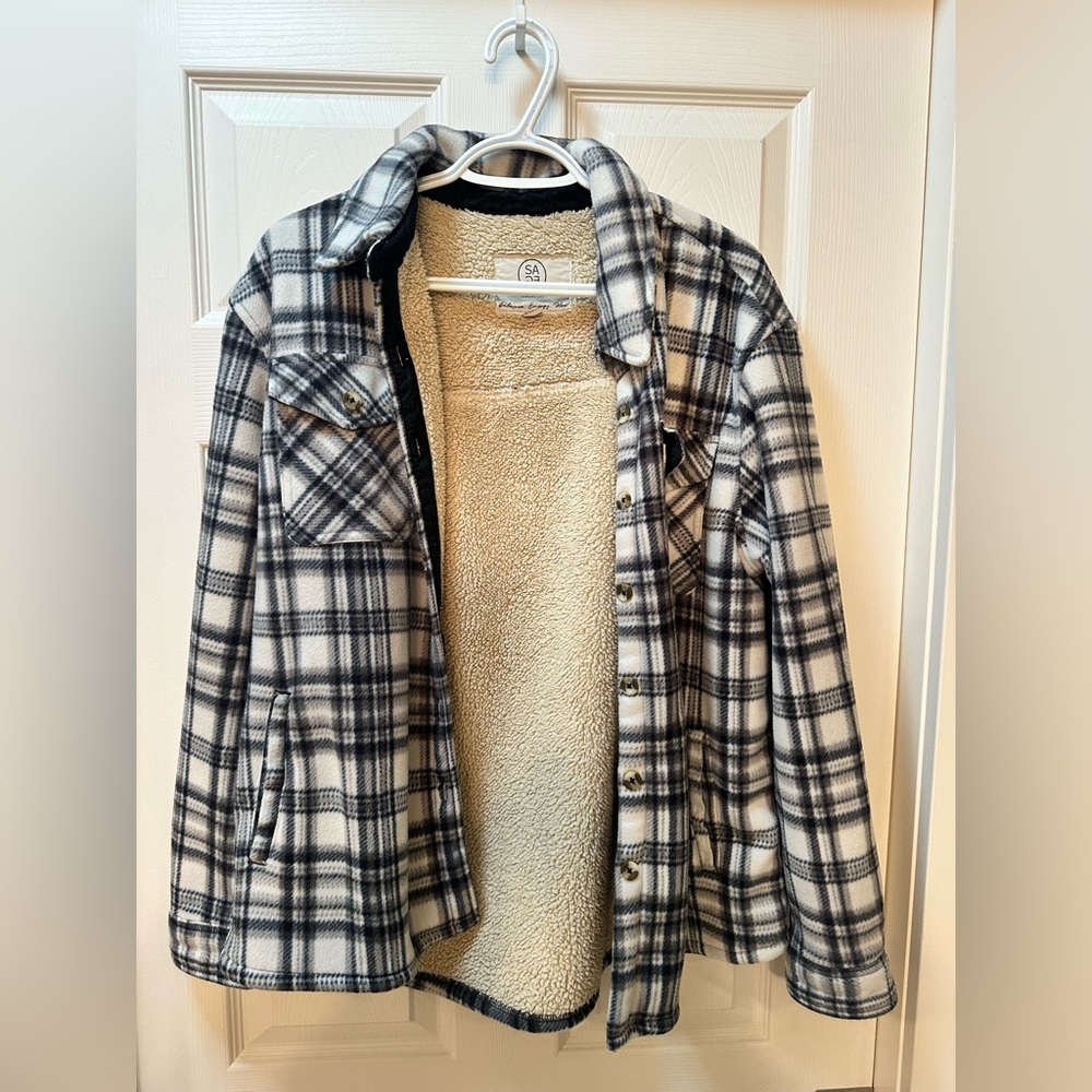 Costco sage plaid Sherpa jacket